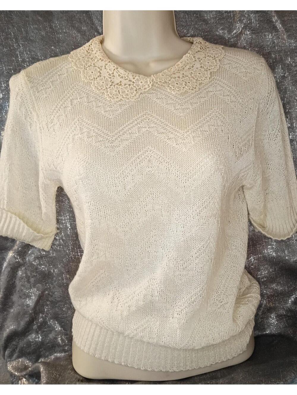 Women's Cream Cottage Core Preppy Knit Short Sleeve Sweater.